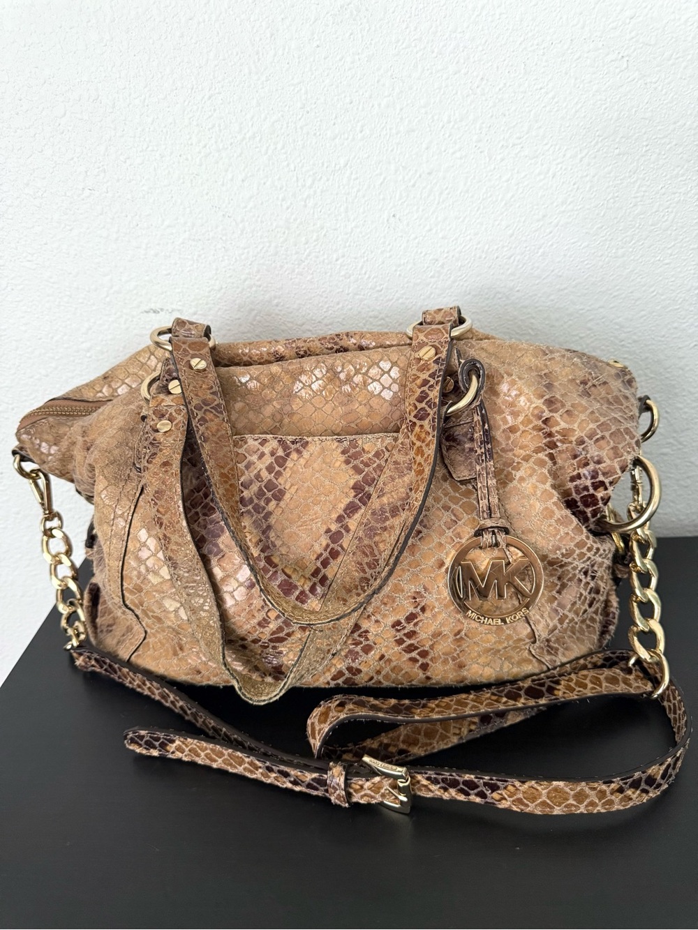 Michael Kors Brown Snake-Embossed Leather Shoulder Bag Hobo with Crossbody Strap
